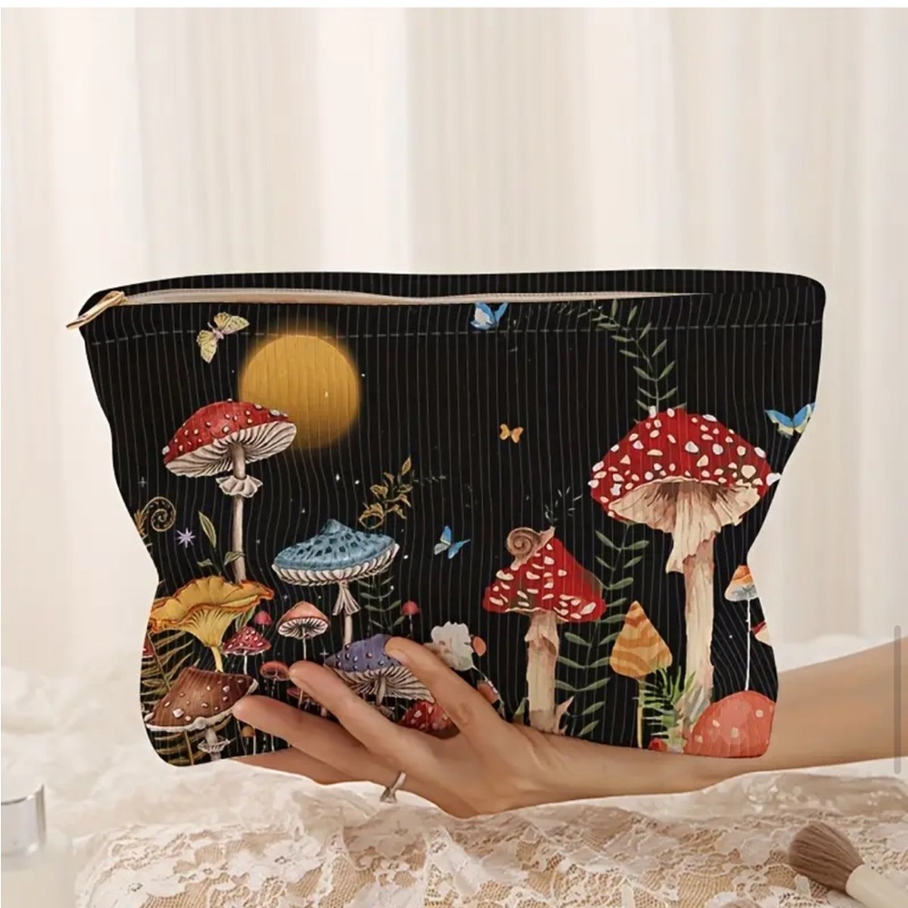 Large Mushroom Print Corduroy Cosmetic Bag